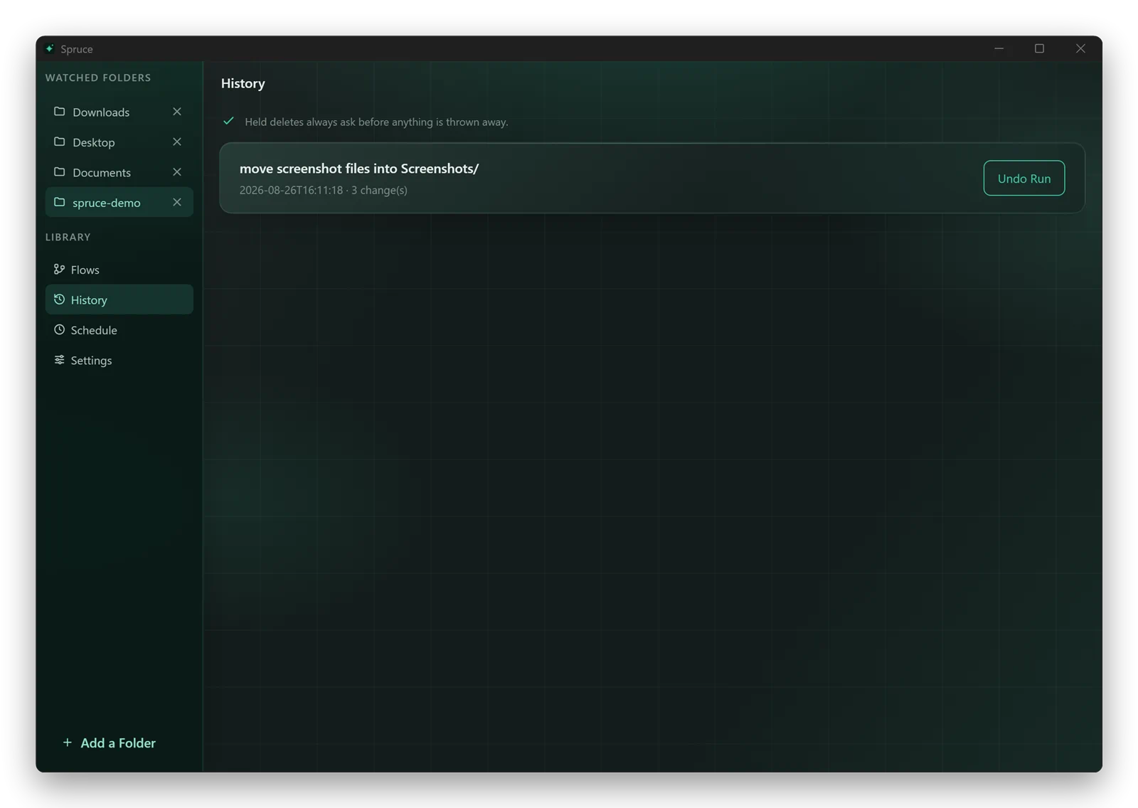 Spruce for Windows History listing a completed run with three changes and an Undo Run button