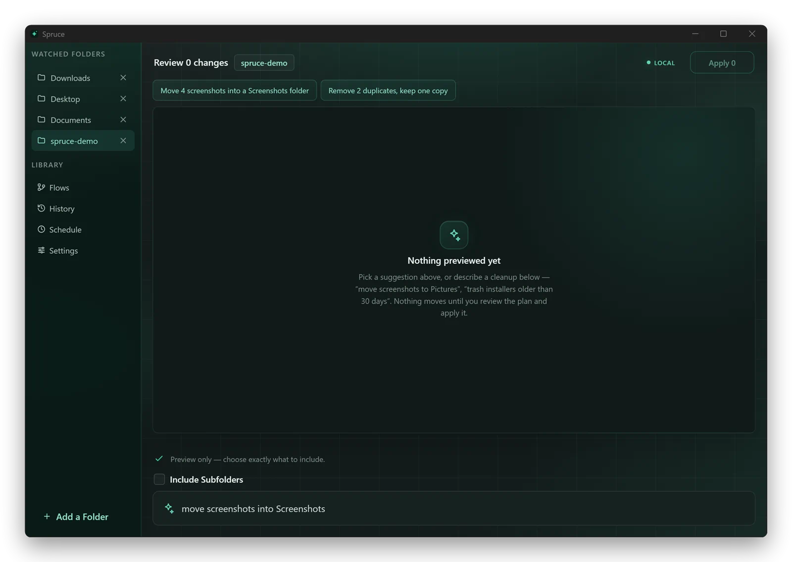 Spruce for Windows with two suggested cleanups above an empty preview and the instruction “move screenshots into Screenshots” typed at the bottom