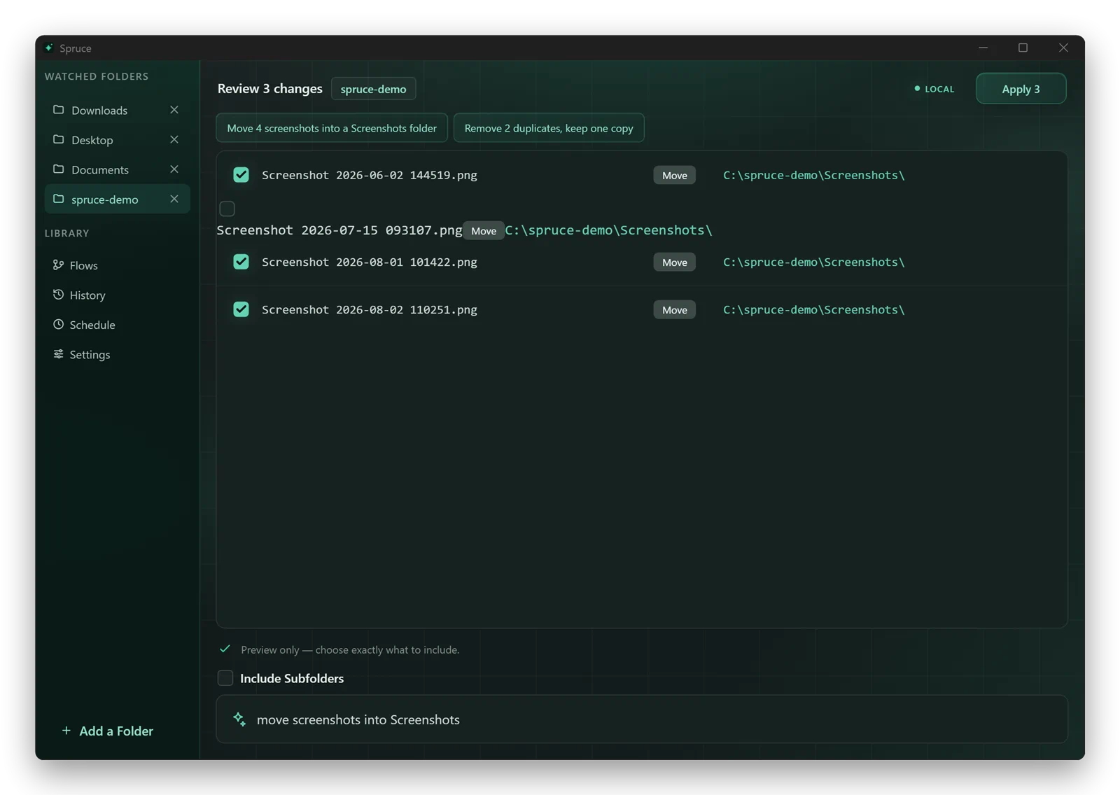 Spruce for Windows reviewing three changes: four screenshot files listed with Move actions and their destination folder, one unticked