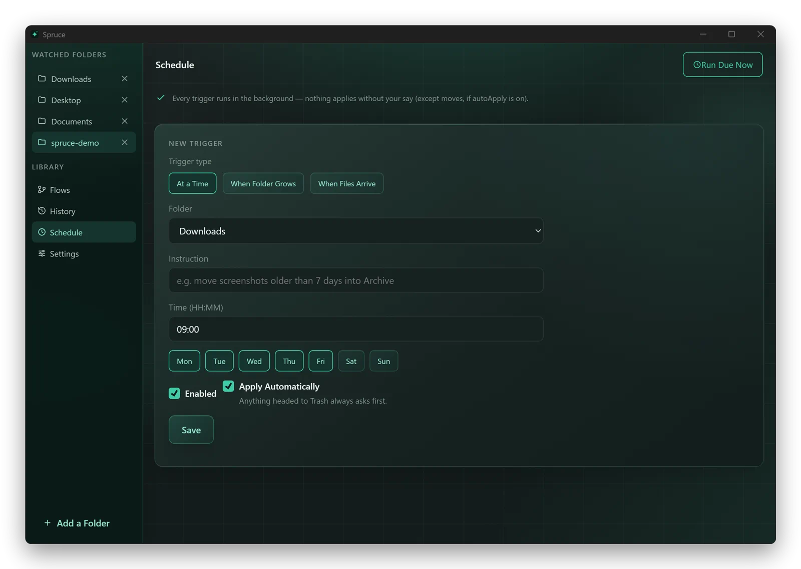 Spruce for Windows creating a schedule trigger for the Downloads folder at 09:00 on weekdays