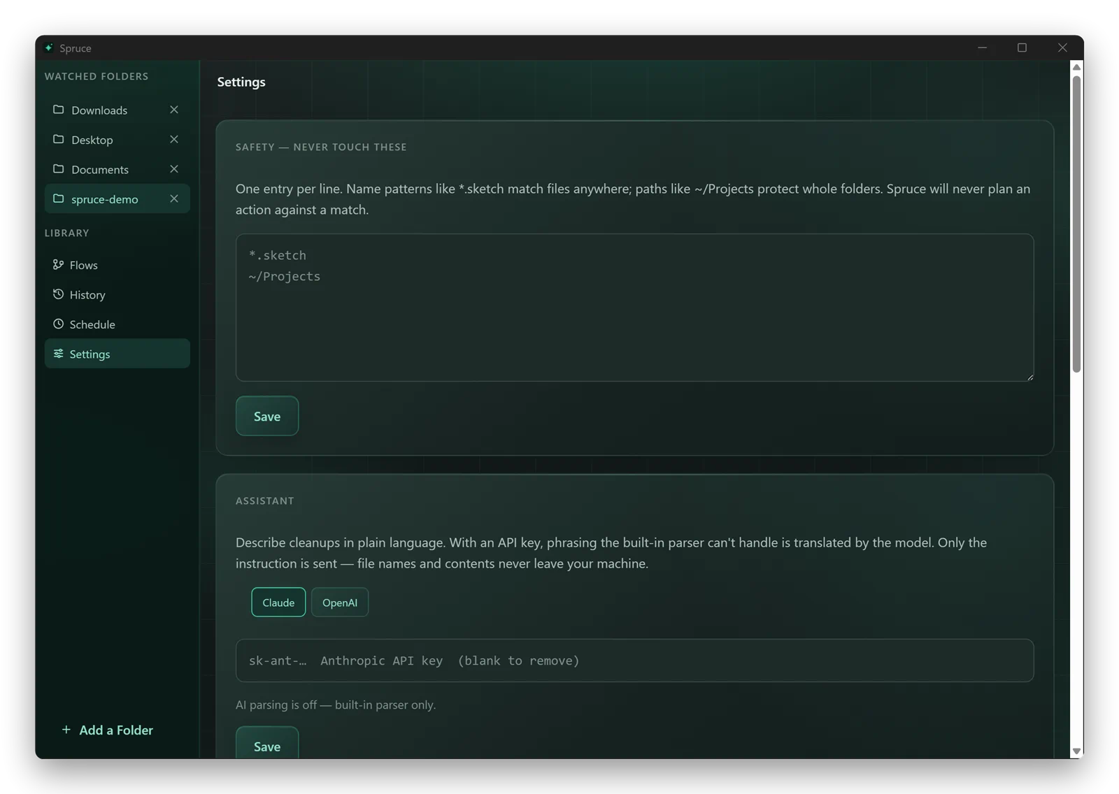 Spruce for Windows settings with a safety list that protects *.sketch files and the ~/Projects folder from every plan